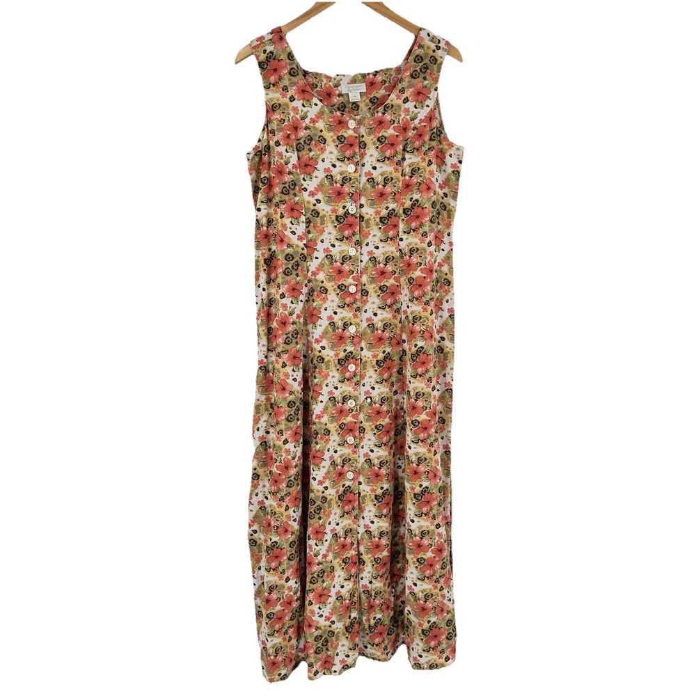 Vintage Button Front Garden Floral Midi Dress Womens 10 Cottage Prairie Peasant